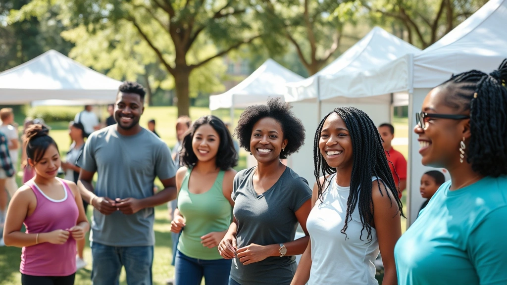 Diverse community members participating in outdoor health event, fitness activities, wellness screening booths, smiling faces, sunny park setting, inclusive healthcare promotion