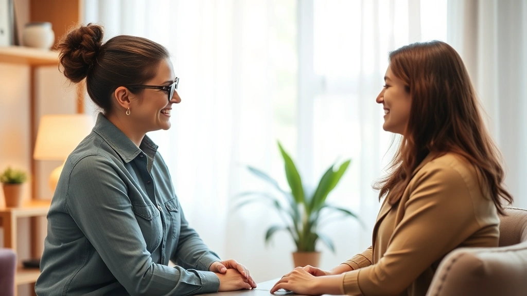 Mental health counselor session showing compassionate support, therapist and client in comfortable office setting with warm tones, trust and safety evident, professional yet approachable environment