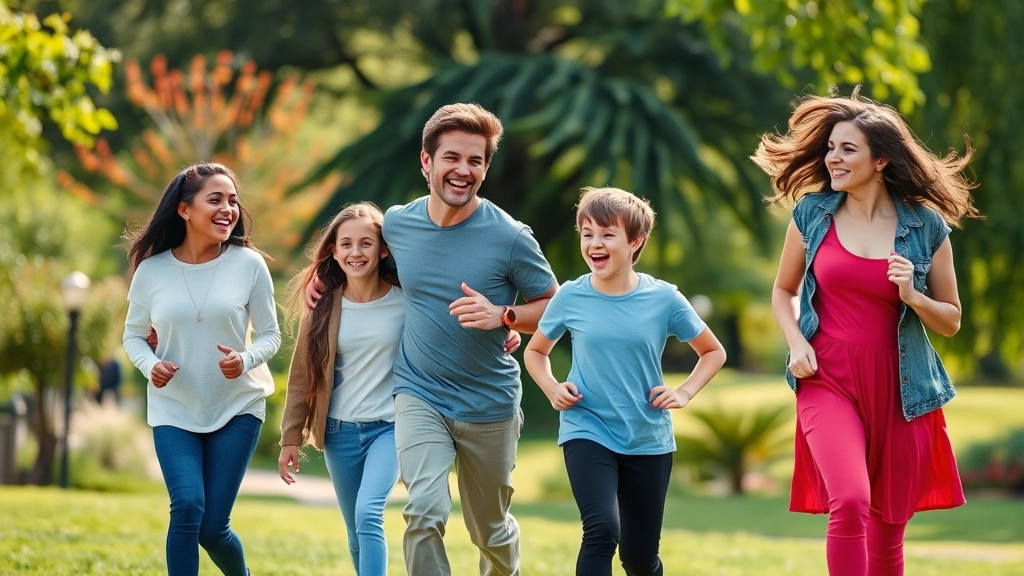 Active family enjoying outdoor movement together in park setting, laughing while walking, diverse ages, vibrant natural background, joyful energy