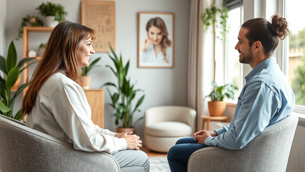 Mental health counseling session in comfortable therapeutic office, therapist and patient in conversation, calming interior design, plant decorations, natural light, supportive environment