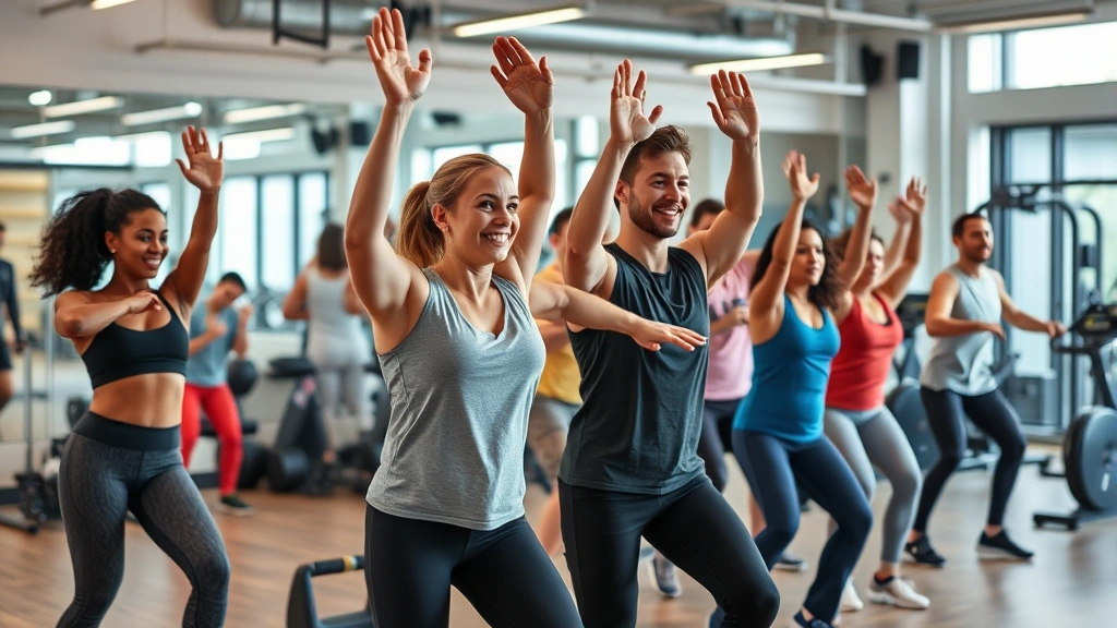 Group fitness class at wellness center, diverse participants exercising together, energetic atmosphere, healthy lifestyle promotion, modern gym equipment, community wellness engagement
