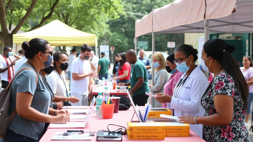 A community health fair with diverse residents receiving health screenings, consultations, and wellness education at outdoor booths