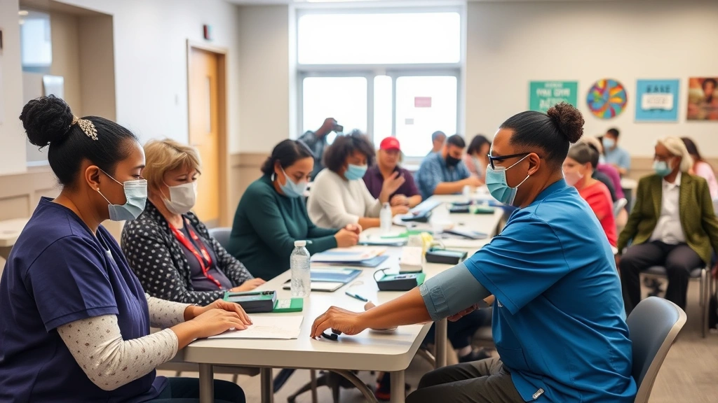 Community health screening event with healthcare professionals taking blood pressure and performing wellness checks for diverse group of adults in accessible community center setting