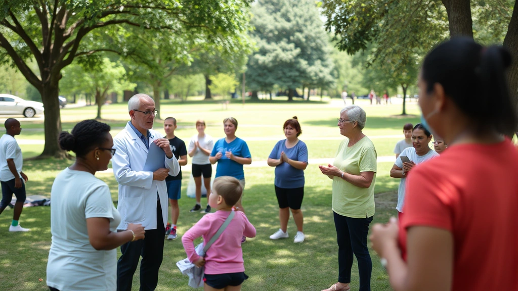 Community wellness event with healthcare professionals leading outdoor fitness class and health screening stations, participants of various ages engaging in physical activity in park setting