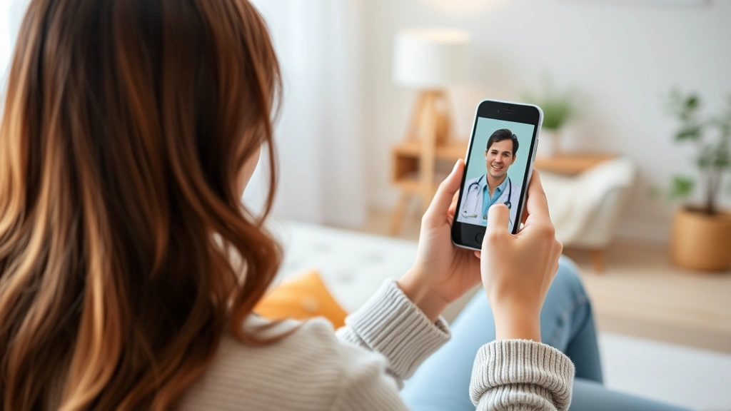Woman using smartphone to access telehealth appointment with doctor on screen, comfortable home setting, modern technology, healthcare accessibility, warm home environment