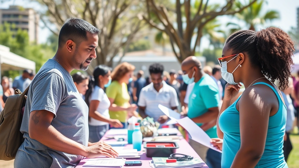 Community health fair outdoors with diverse people receiving free health screenings, wellness information booths, and fitness demonstrations under sunny skies