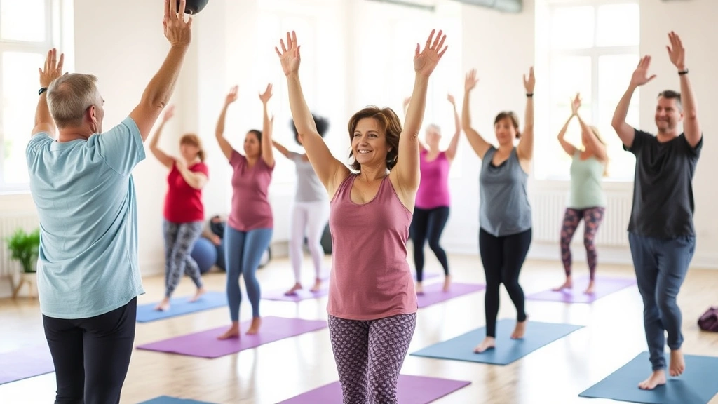 Community wellness class with diverse adults doing yoga or exercise together in bright studio space, natural light through windows, engaged and healthy participants, inclusive atmosphere
