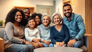 Multigenerational family in cozy medical office waiting room, warm lighting, diverse family members smiling, comfortable modern healthcare environment, natural wood tones, welcoming atmosphere