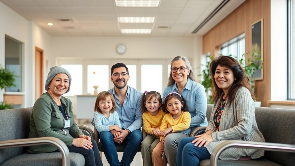 Warm family medicine clinic waiting room with diverse multigenerational family members smiling, modern clean interior with welcoming natural lighting, comfortable seating areas, contemporary healthcare environment
