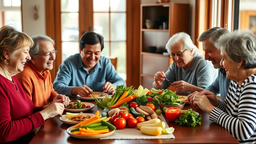 Multi-generational family eating colorful fresh vegetables together at wooden dining table, natural window light, warm home setting, everyone smiling and engaged