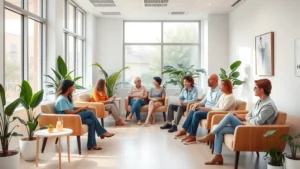 Modern family medicine clinic interior with diverse patients in welcoming waiting room, natural light from windows, comfortable seating, plants, warm neutral tones, professional yet approachable atmosphere