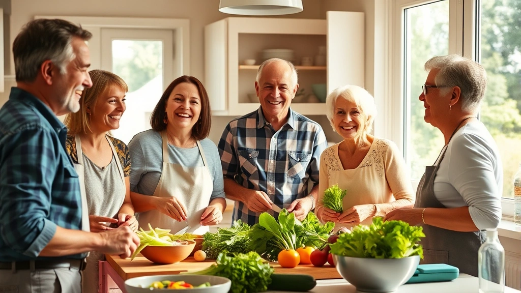 Multi-generational family laughing together in bright kitchen while preparing fresh vegetables, warm natural sunlight streaming through windows, everyone smiling and engaged in meal preparation