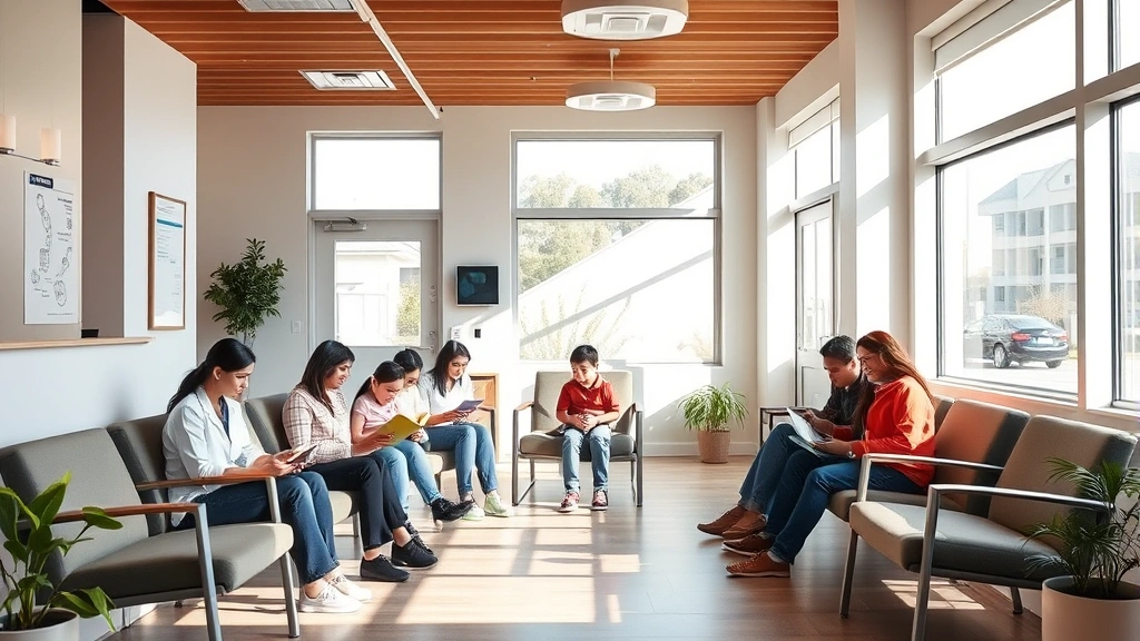 Warm, welcoming medical clinic waiting room with diverse families, comfortable seating, bright natural light, contemporary healthcare environment, parents with children reading together