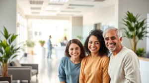 Diverse family of four smiling warmly in bright, modern medical clinic reception area with welcoming staff in background, natural light streaming through windows, comfortable seating and plants creating peaceful atmosphere