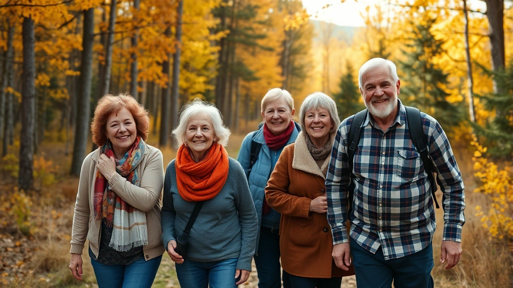 Multigenerational family smiling during outdoor autumn walk through scenic North Country forest landscape with golden trees and natural light