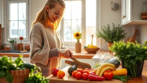 Woman in cozy sweater preparing colorful fresh vegetables in bright kitchen, winter sunlight streaming through window, wooden cutting board, natural wholesome atmosphere