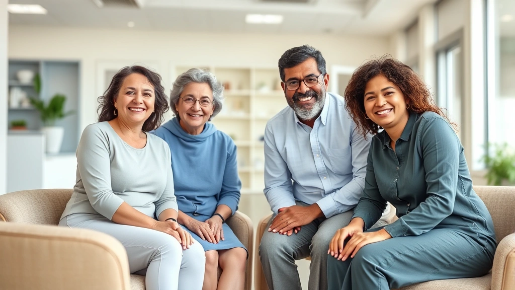 A diverse multigenerational family smiling together in a bright, modern medical clinic waiting room with comfortable seating and welcoming decor