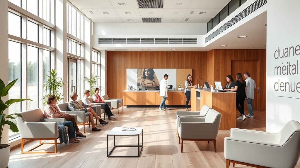 Welcoming modern medical clinic waiting room with comfortable seating, natural lighting, diverse patients checking in at reception desk, warm contemporary interior design
