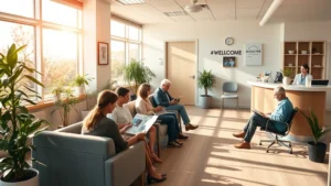Warm, sunlit family medicine clinic waiting room with comfortable seating, welcoming reception desk, diverse patients of different ages reading magazines, plants and calm earth-tone colors creating peaceful healing environment