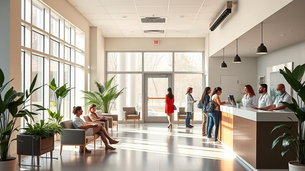 Warm, welcoming medical clinic reception area with natural light, comfortable seating, diverse patients checking in at modern desk, plants, contemporary design, professional yet inviting atmosphere, healthcare facility interior