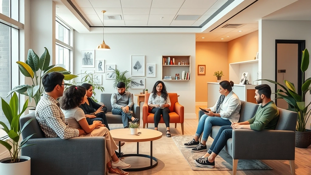 Warm family health clinic waiting room with diverse families, modern comfortable seating, welcoming reception area, natural lighting, plants, contemporary medical office aesthetic