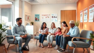 Warm, welcoming family medicine office with diverse family of four sitting in comfortable waiting area with natural light, modern furniture, and health posters on walls