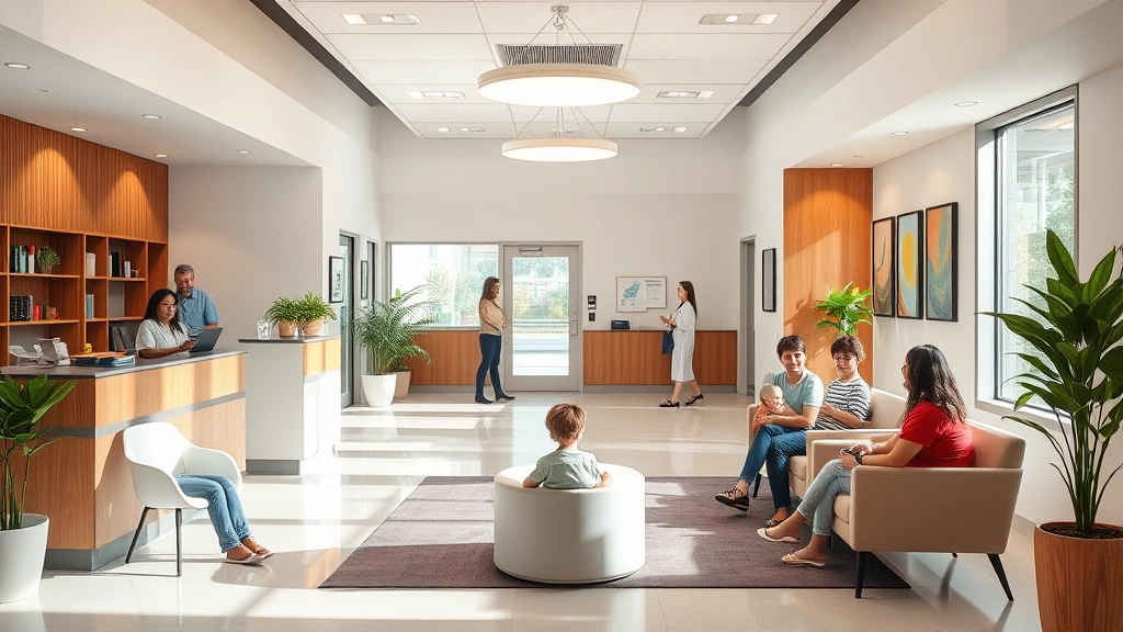 Warm, welcoming family medicine clinic reception area with modern design, comfortable seating, diverse families checking in, natural light, calm atmosphere, photorealistic