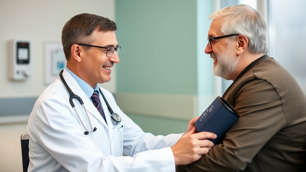 Healthcare provider conducting preventive screening with middle-aged patient, stethoscope, blood pressure monitor, encouraging conversation, bright clinical setting, trust-building interaction, professional yet warm