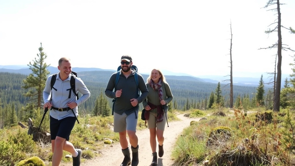 Active family of four hiking on scenic forest trail in northern landscape, bright daylight, wearing casual outdoor gear, laughing and walking together on path