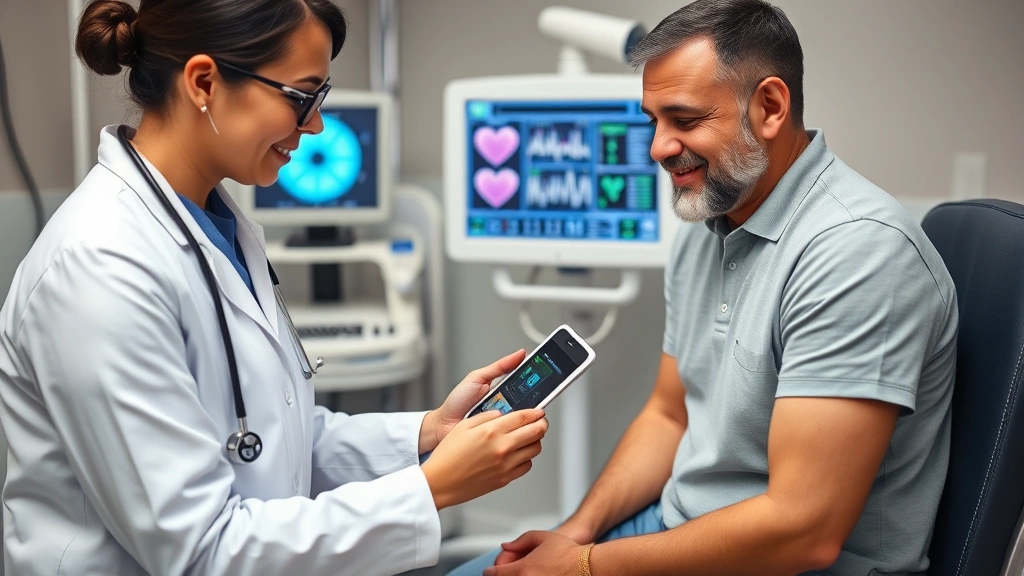 Healthcare provider conducting wellness screening with patient using digital tablet, showing vitals monitoring, preventive health focus, clinical but compassionate interaction, modern medical equipment visible