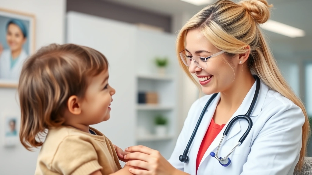 Female doctor with stethoscope smiling warmly at young child during friendly pediatric examination, modern medical office background, compassionate healthcare provider interaction