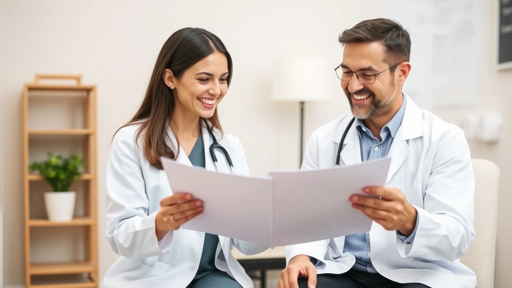 Female healthcare provider in white coat reviewing medical chart with male patient in comfortable examination room, both smiling, showing genuine connection and collaborative care approach during consultation