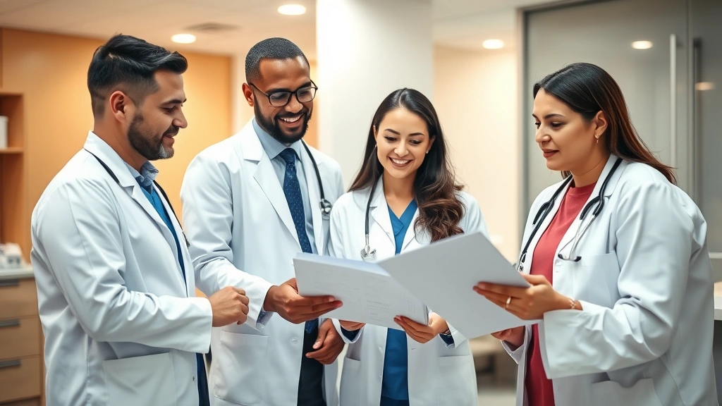 Diverse healthcare provider team in modern clinic setting with warm lighting, reviewing patient charts and collaborating during medical consultation