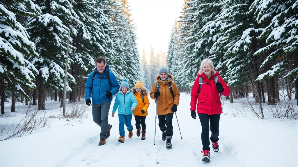Active family hiking on snowy forest trail in winter, bundled in colorful jackets, snow-covered evergreen trees, smiling faces, bright daylight, outdoor wellness joy