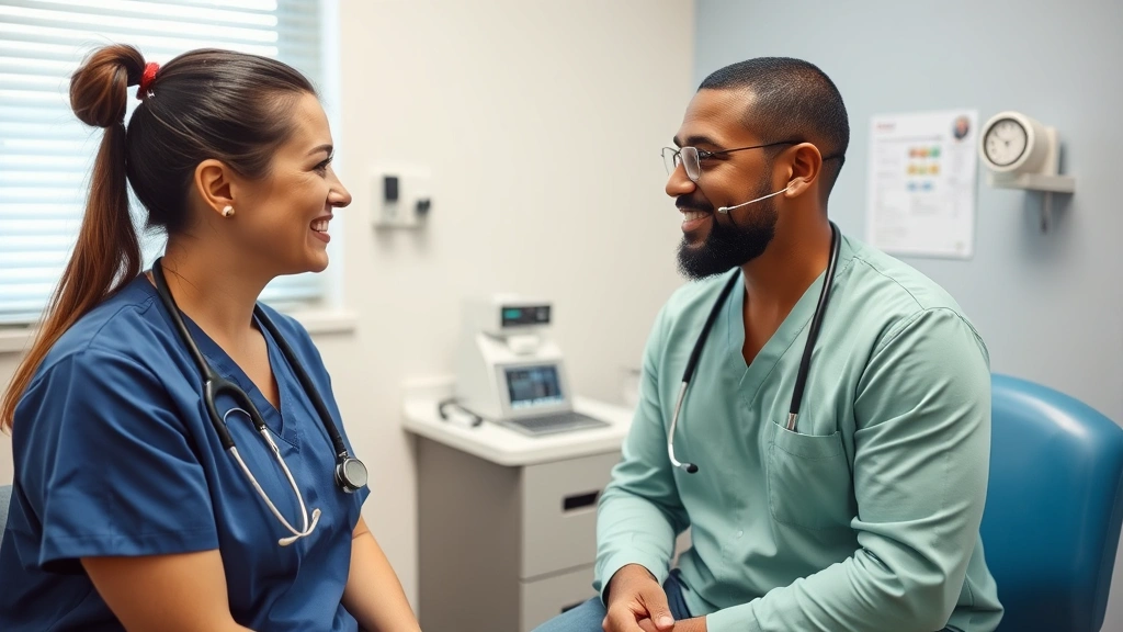 A healthcare provider conducting a preventive health screening with a patient, both appearing engaged and positive in a clinical examination room