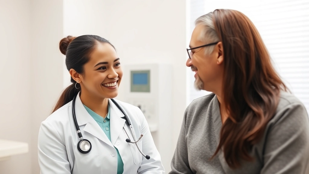 Female healthcare provider in white coat examining male patient with stethoscope in bright clinical exam room, both smiling, professional yet comfortable atmosphere