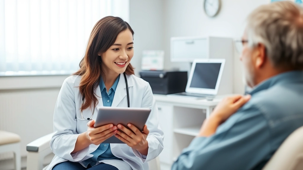 Female family medicine doctor in white coat reviewing patient records on tablet computer during consultation, warm interaction, clinical office setting with modern equipment, compassionate healthcare provider engagement