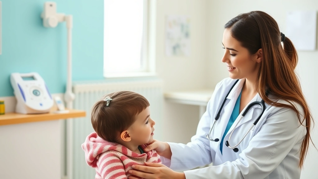 Female healthcare provider in white coat consulting with young child patient during preventive care visit, stethoscope, professional but warm interaction, bright clinic examination room