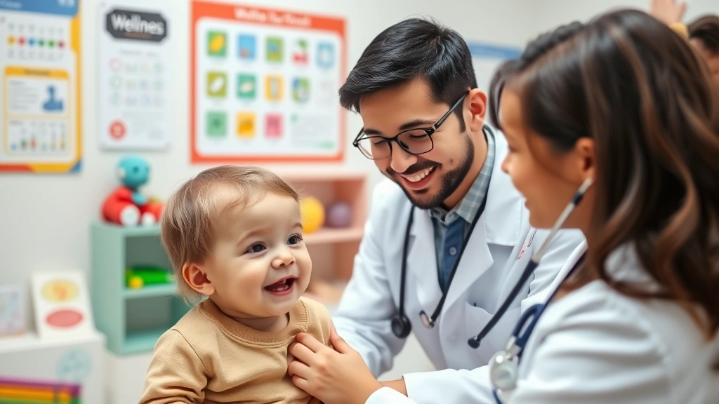 Smiling pediatrician in white coat examining happy toddler with stethoscope during wellness visit, bright exam room with colorful educational charts and toys visible