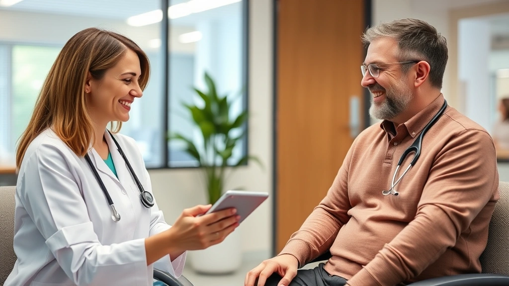 Healthcare provider conducting wellness screening with smiling patient, using digital tablet, modern medical office, professional yet warm environment, genuine interaction