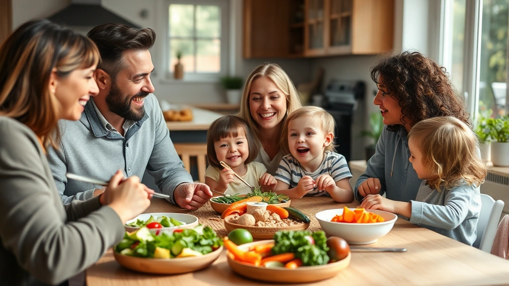 Family gathered around dining table enjoying healthy meal together, fresh vegetables, whole grains, natural kitchen lighting, parents and children laughing, wellness lifestyle moment, authentic happiness