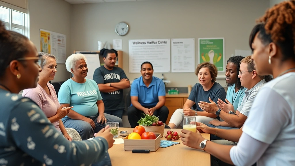 Health education session with diverse group of adults learning about nutrition and fitness, community health center classroom, engaged participants, wellness materials visible, supportive learning environment