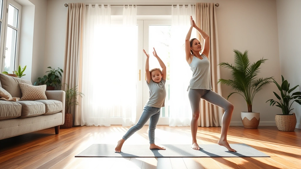 Parent and child doing yoga together on living room mat, peaceful morning light streaming through windows, plants visible, both in comfortable positions showing wellness
