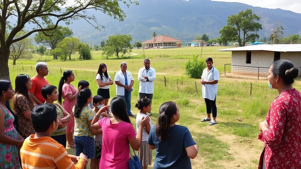 Rural community health education event with diverse families attending outdoor wellness workshop, healthcare professionals presenting, people engaged in physical activity demonstration, natural setting with clinic visible