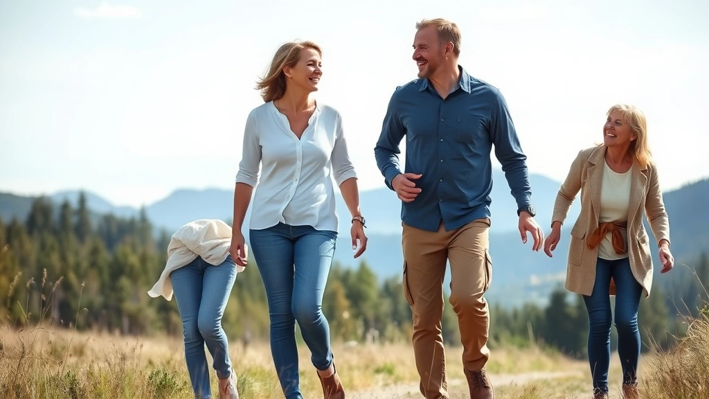 Multi-generational family walking together outdoors in scenic North Country landscape, laughing, healthy lifestyle, mountains or forests in background, wellness and vitality