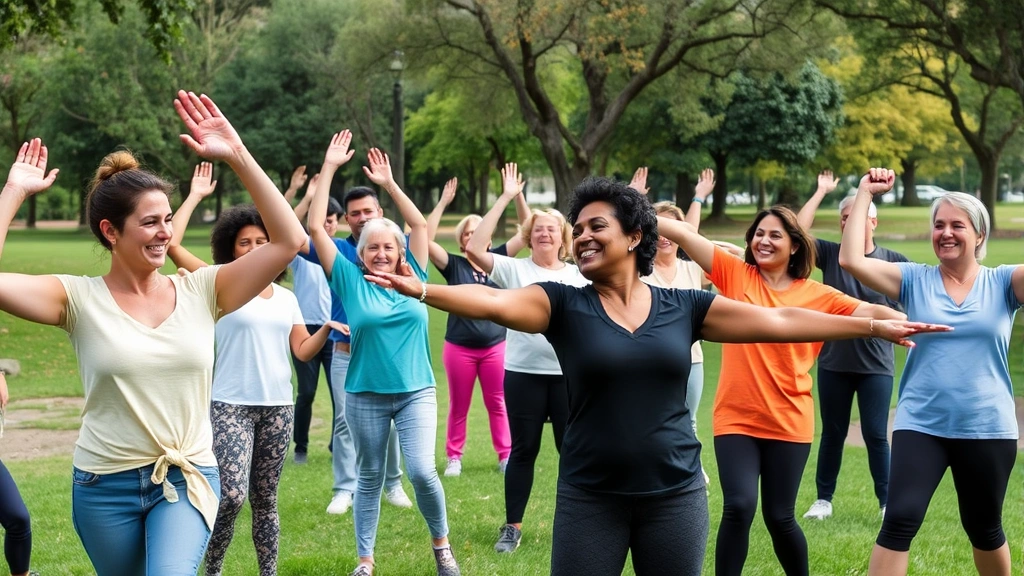 Group of diverse community members participating in outdoor wellness class, laughing and stretching together in park setting with trees and natural landscape, promoting active healthy lifestyle and social connection