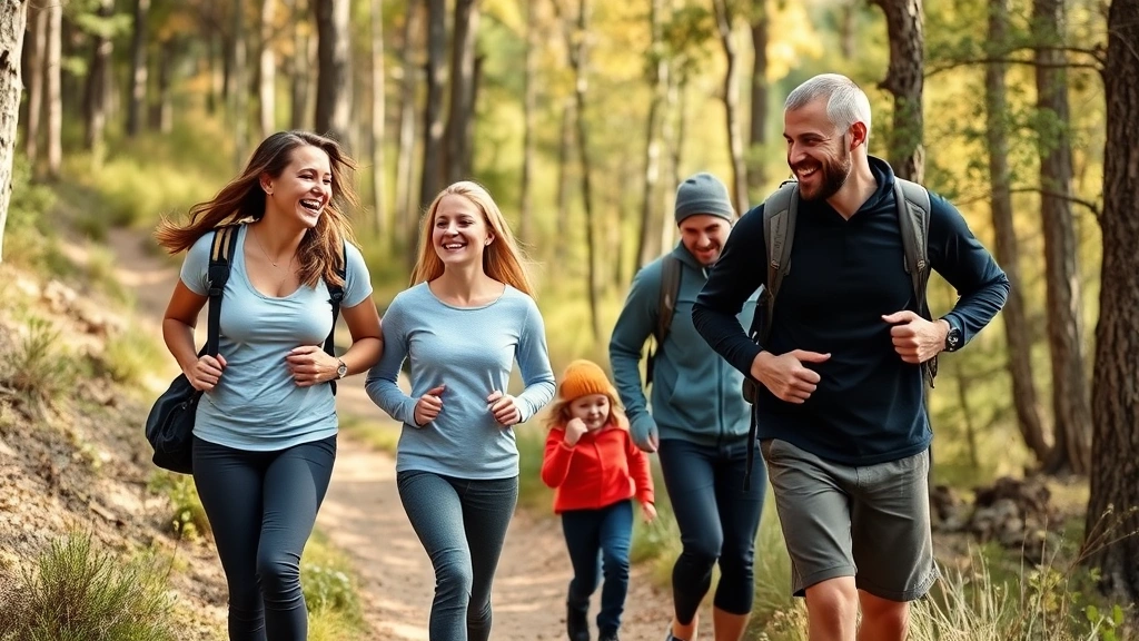 A family enjoying outdoor physical activity together in a natural setting, laughing while hiking on a scenic trail surrounded by trees