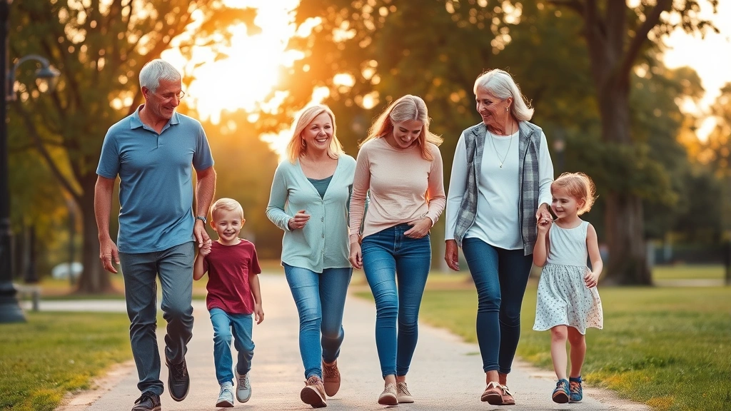Multi-generational family walking together outdoors in park setting, parents and children laughing, healthy active lifestyle, golden hour sunlight, wellness and vitality