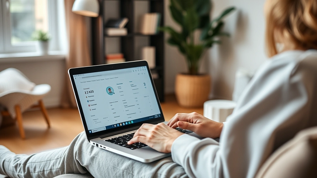 Patient using healthcare provider's digital patient portal on laptop at home, checking test results and appointment information, comfortable home office environment, modern telehealth technology, wellness-focused lifestyle