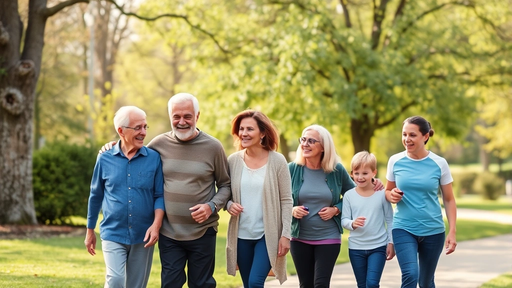 Multi-generational family walking outdoors in park enjoying wellness activity, grandparents with adult children and grandchildren, active lifestyle, natural beautiful setting, health promotion
